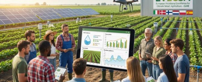 immagine di un campo agricolo con sistemi di gestione idrica 4.0 con AI per la Climate Smart Agricolture, raffigurante i partecipanti del progetto provenienti da sei Paesi partner